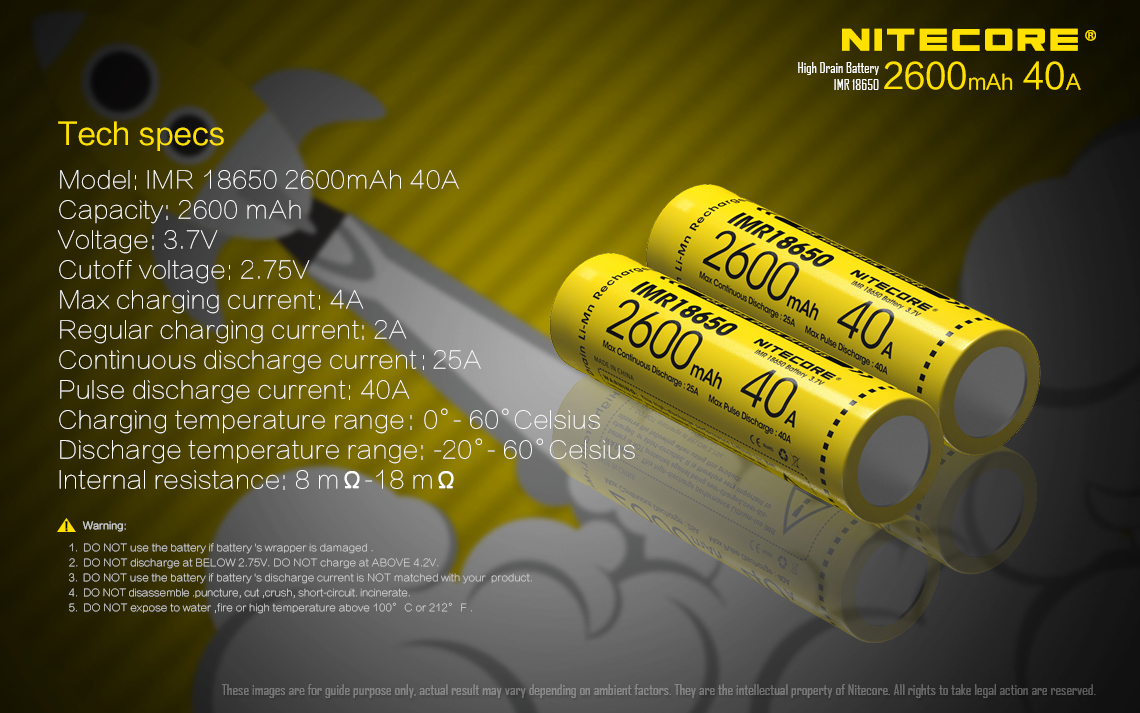 IMR18650 2600mAh 40A — caracteristici